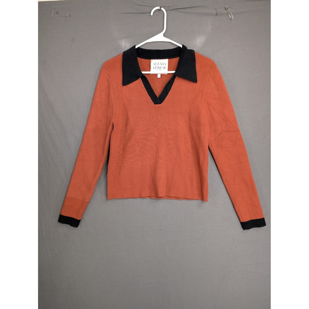 Alexia Admor Ribbed Knit Polo Sweater T651 Orange Black Large